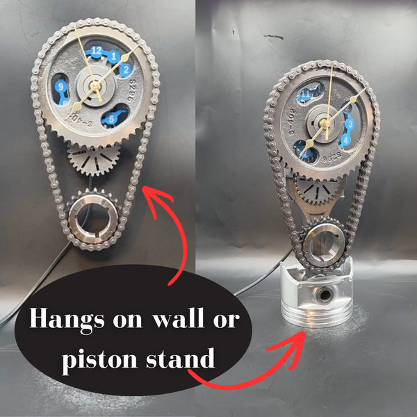 Jeep V8 Timing Chain Clock with Rotating Gears, Piston Car Part Clock for Wagoneer, CJ7, Wrangler ,Personalize Stand