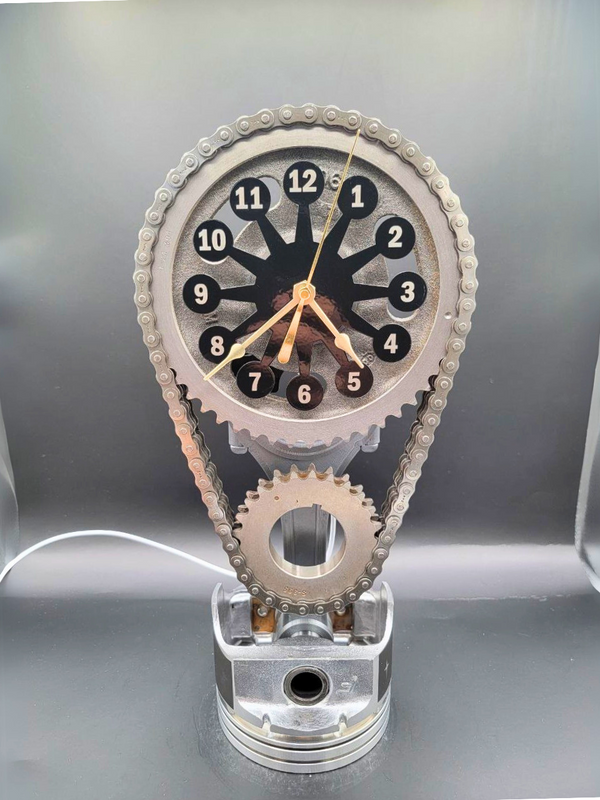 Car Part Clock Engraved Piston - Chevy Big Block Timing Chain Clock with Rotating ...