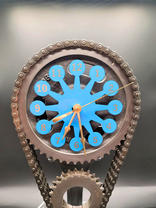 Chevy Big Block Timing Chain Clock, Powder Coated Metal Face, Rotating Gears