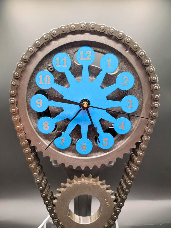 Chevy Big Block Timing Chain Clock, Powder Coated Metal Face, Rotating Gears