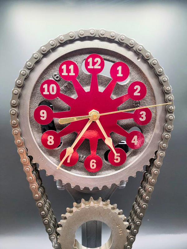 Chevy Big Block Timing Chain Clock, Powder Coated Metal Face, Rotating Gears