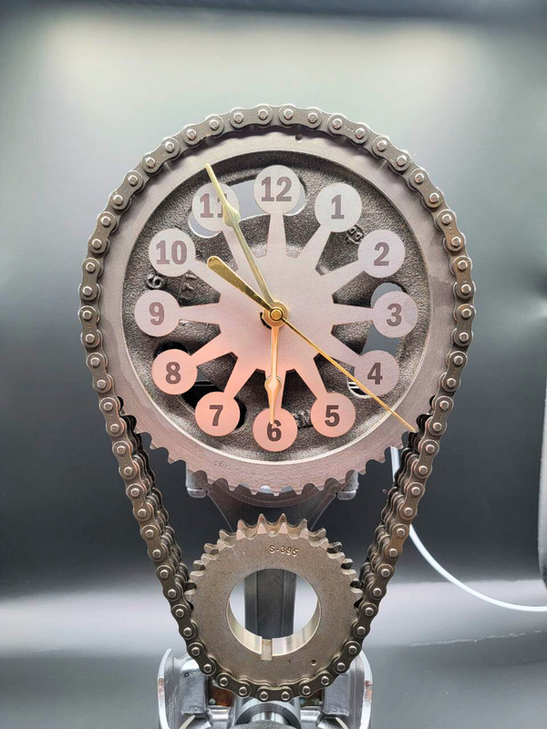 Chevy Big Block Timing Chain Clock, Powder Coated Metal Face, Rotating Gears