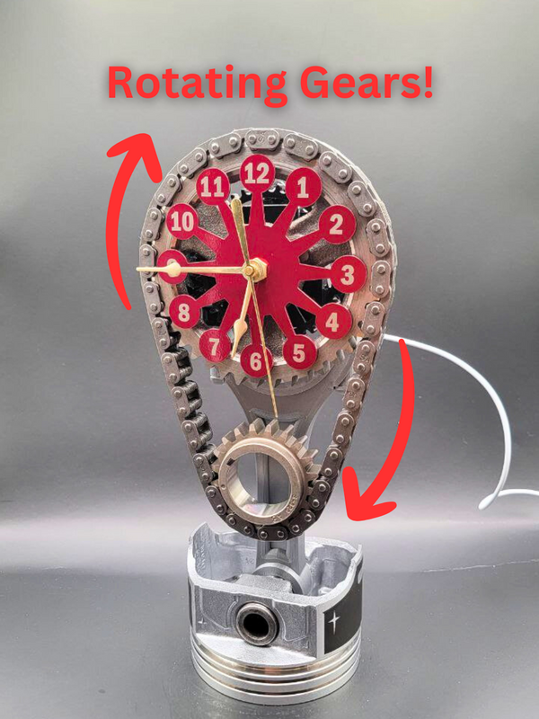 Buick V8 Timing Chain Clock – Powder Coated Metal Face, Rotating Gears