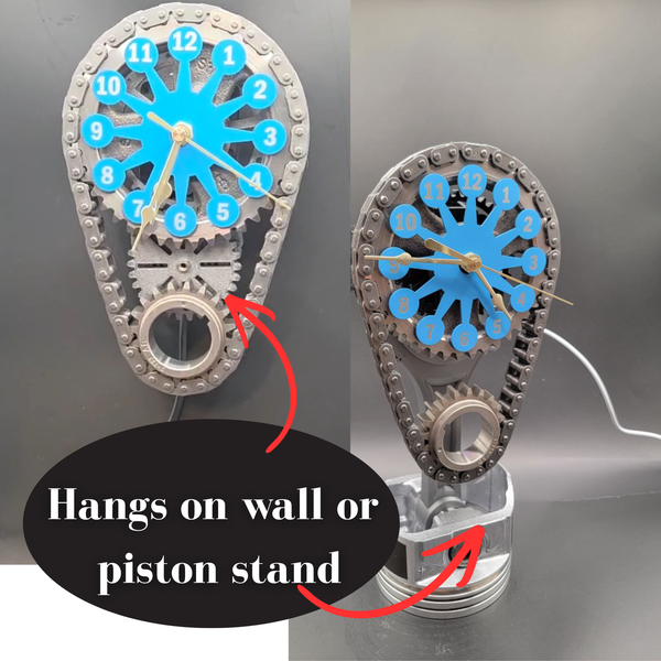 Buick V8, Car Part Clock, Timing Chain Clock with Rotating Gears, Personalize the Stand