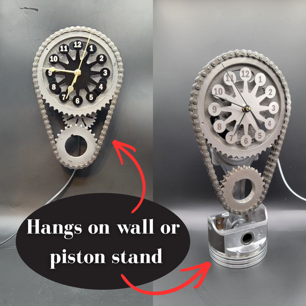 Chevy Big Block Timing Chain Clock with Rotating Gears, Car Part Clock, Personalize stand