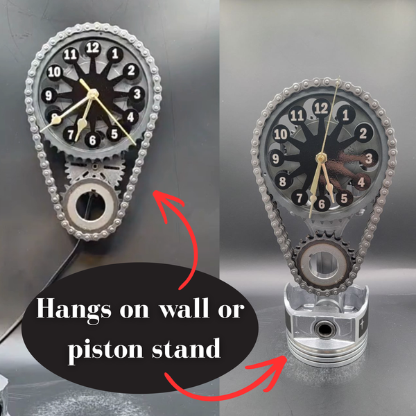 Chevy Small Block Timing Chain Clock with Rotating Gears, Car Part Clock, Personalize Stand