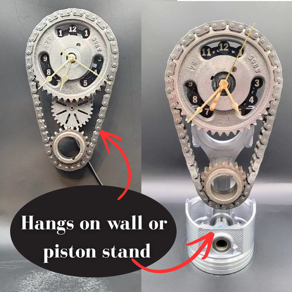 Pontiac Timing Chain Clock with Rotating Gears, Personalize Stand
