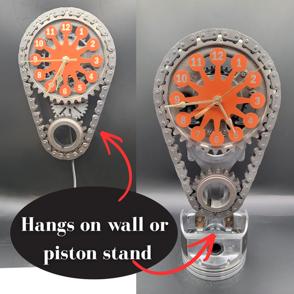Oldsmobile Clocks - Oldsmobile V8 Timing Chain Clock with Rotating Gears, Personalize Stand