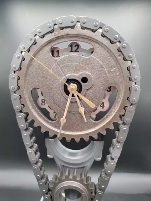 Ford 460 Big Block Timing Chain Clock with Rotating Gears, Personalize Stand