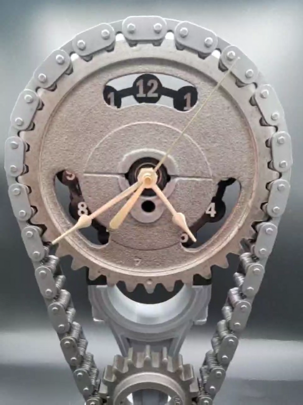 Ford 460 Big Block Timing Chain Clock with Rotating Gears, Personalize Stand