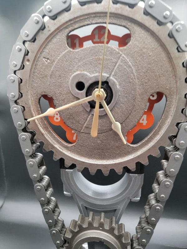 Ford 460 Big Block Timing Chain Clock with Rotating Gears, Personalize Stand