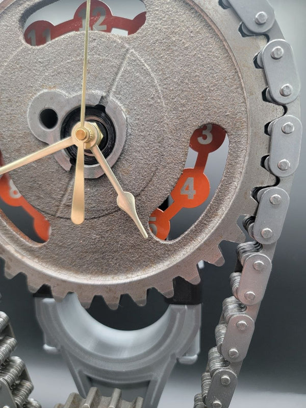 Ford 460 Big Block Timing Chain Clock with Rotating Gears, Personalize Stand